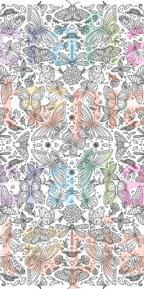 Giant coloring poster of butterflies and flowers on a white background.