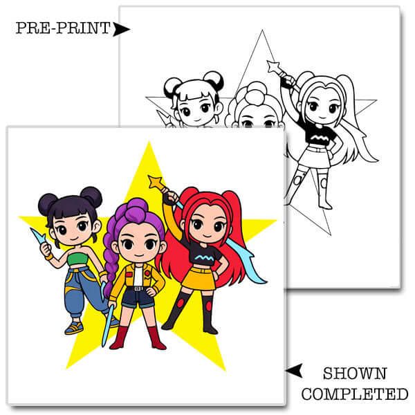Demon Hunters themed kids canvas painting kit, with a pre-printed design and a completed version of the painting Demon Hunters canvas paint kit.
