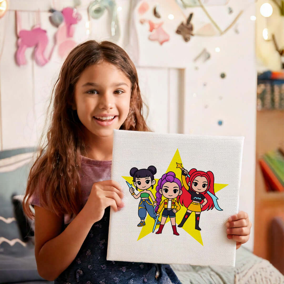 Girl holding up her finished canvas painting kit that is a great activity for kids birthday party activity.