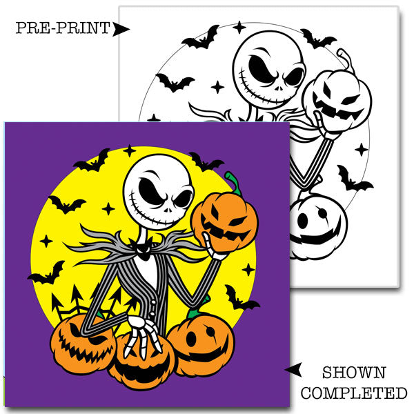 Jack Skellington Halloween-themed paint kit with a Jack holding pumpkins, shown completed and pre-printed.