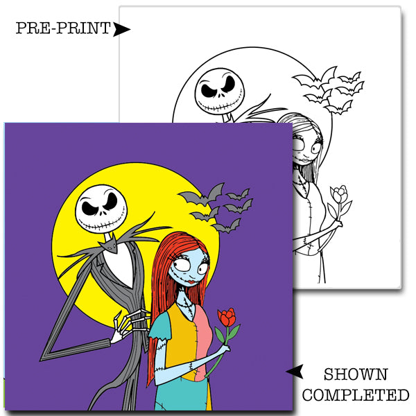 Nightmare before Christmas paint kit showning before and after canvas of Jack Skellington and Sally on a purple background with a yellow moon and bats.
