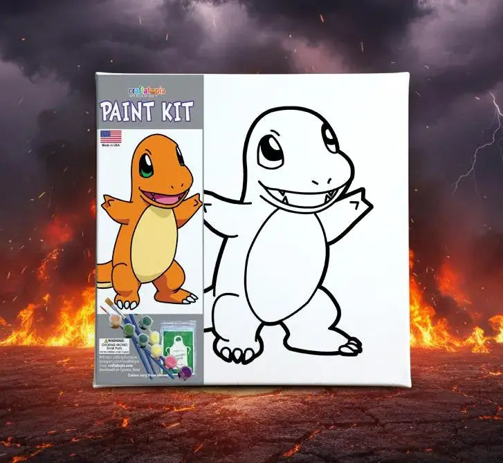 Charmander kids painting kit lifestyle picture with the painting kit presented in front of a fire smoke background.