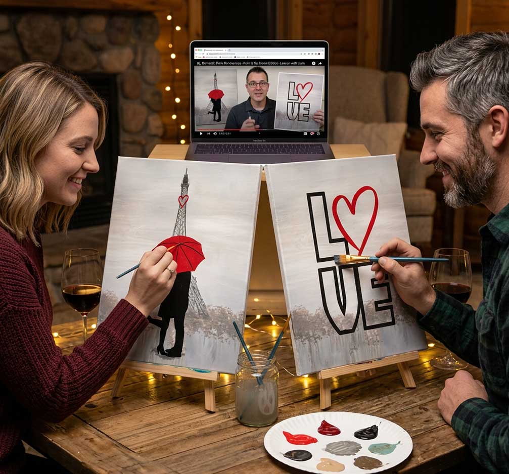 Two people painting at a table with a laptop showing a tutorial on 'LOVE' art.
