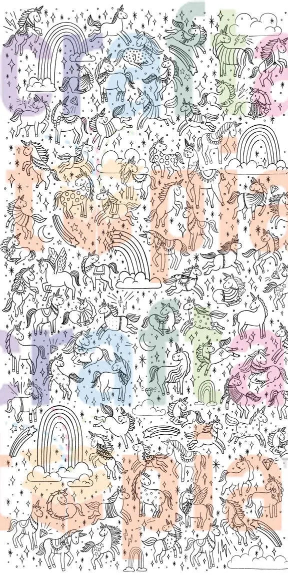 Colorful pattern of unicorns and rainbows on a 3 foot by 6 foot  a white background coloring poster