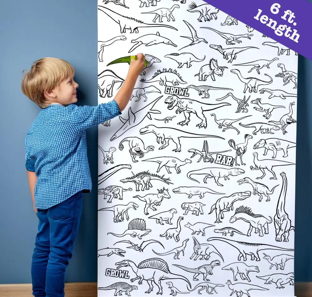 Child interacting with a large dinosaur coloring poster hanging from the wall.