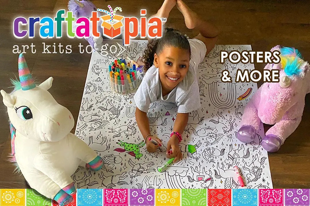 Child coloring a giant unicorn poster