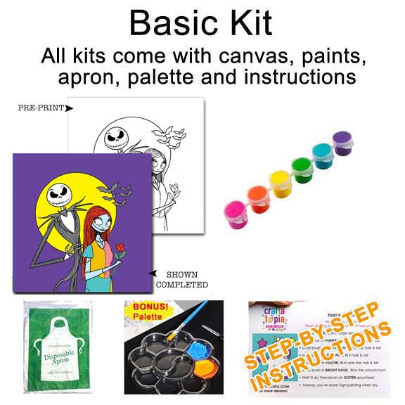Jack Skellington and Sally basic art kit with canvas, paints, apron, palette, and instructions.