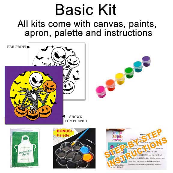 Jack Skellington Halloween-themed art kit with canvas, paints, apron, palette, and instructions.