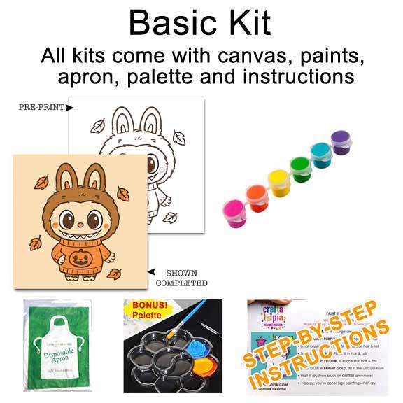 Basic Labubu Hallowenn painting kit components including canvas, paints, apron, palette, and instructions.