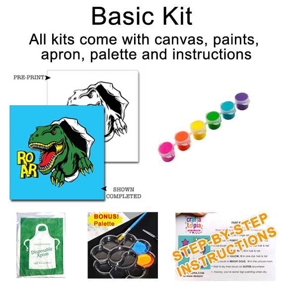 Artistic painting kit with canvas, paints, apron, palette, and instructions featuring a dinosaur design.